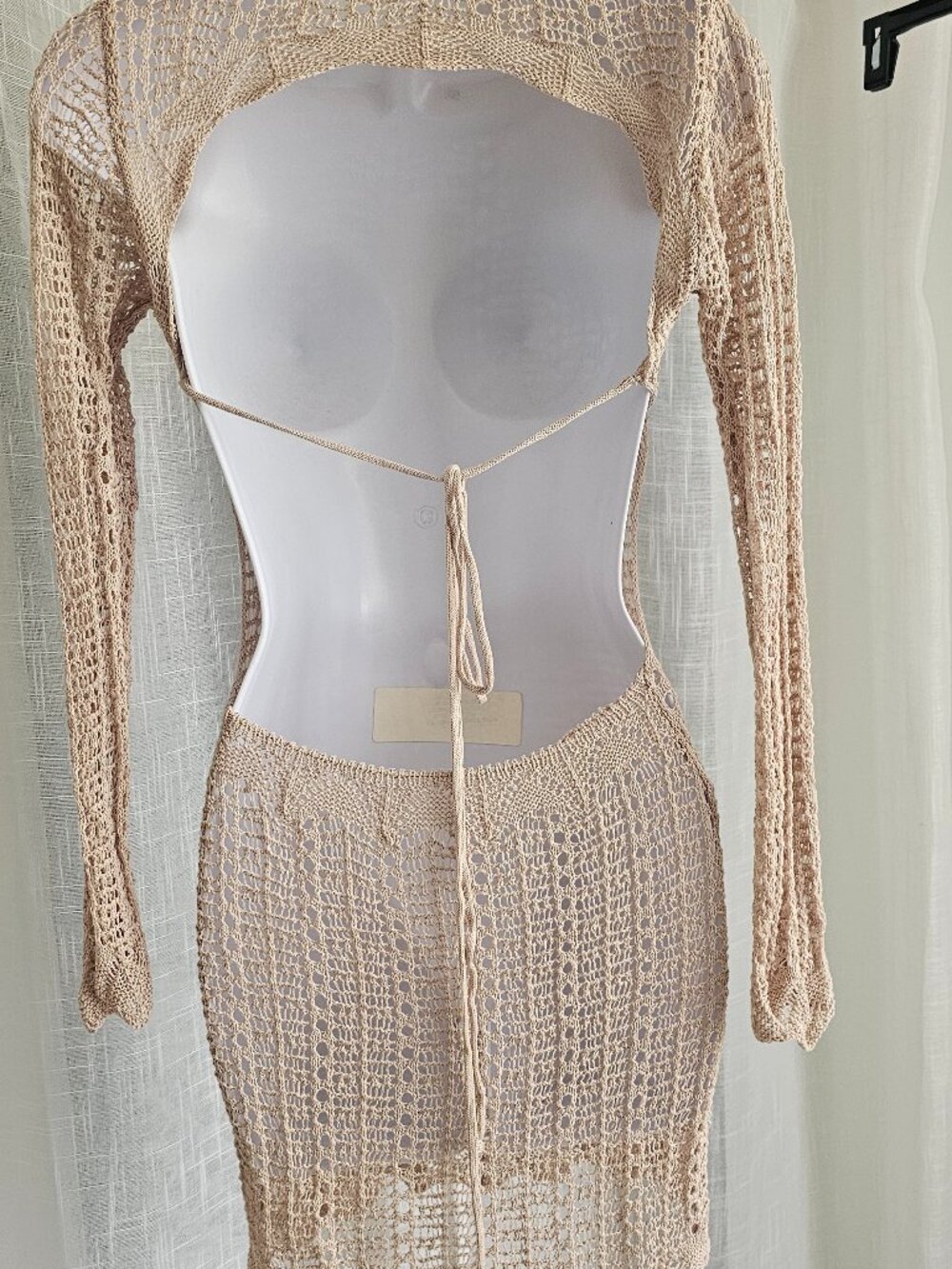 Women's Long Sleeve Hollow Out Backless Beach Cover Up Dress Beige Size S NEW